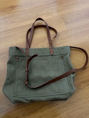 Madewell Olive Green Canvas Tote with Brown Leather Straps